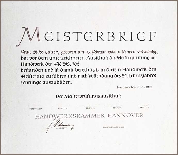 Meisterbrief von Friseurmeisterin Silke Damm Stadthagen
